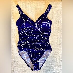 Trimshaper One Piece Swimsuit Size 16 Blue White Ruched Tummy Control Slimming
